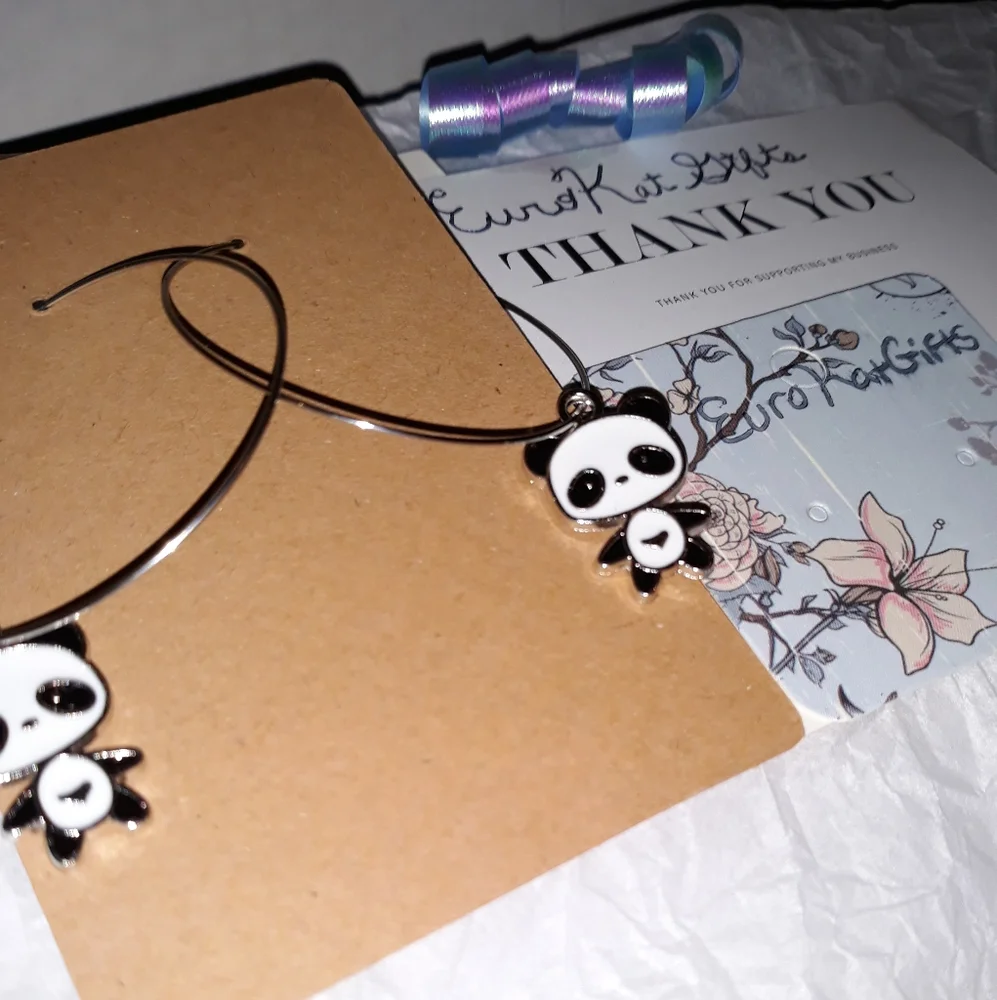 Minimalist Silver Medium Hoop Earrings black white enamel Panda bear Charm NEW …